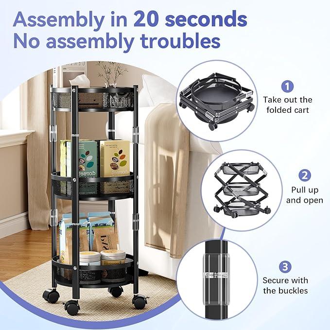 TOOLF 3-Tier Foldable Rolling Cart, Collapsible Metal Utility Cart with Wheels, Assembly-Free, Round Storage Organizer Trolley for Kitchen, Bathroom, Dorm, Nursery, Black
