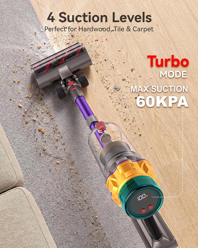 Cordless Vacuum Cleaner, 55KPA 70Mins XL Dust Cup Vacuum Cleaners for Home, Stick Vacuum with Anti-Tangle Brush,LED Display,Self-Standing, Vacuum Cordless for Hardwood Floor, Carpet, Pet Hair