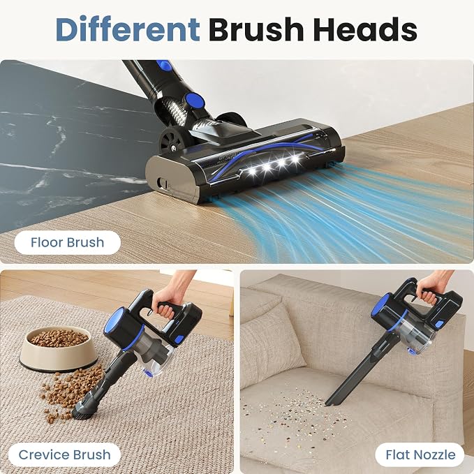 OLIXIS Cordless Vacuum Cleaner, Rechargeable Upright Cleaner with Flexible Steering, Extendable Wand, LED Headlight, 3 Brushes & Wall Mount, Handheld Vacuum for Hardwood Floor Home Cleaning