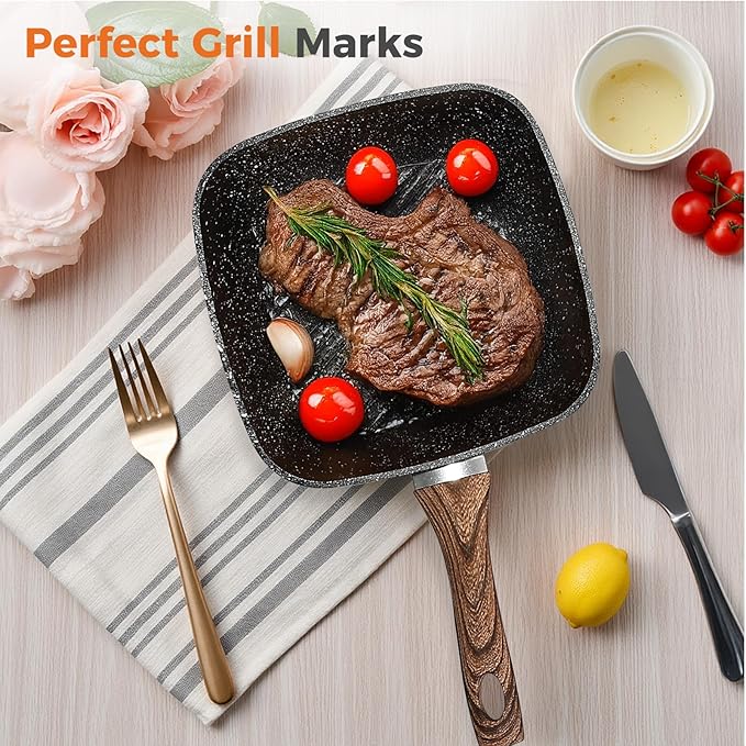 DUMOS 3 Pcs Grill Pans Set, Nonstick Square Frying Pan Skillet Set with Stay Cool Handle & PFOA Free, Compatible with All Stovetops (9.5" 10" 11") Black