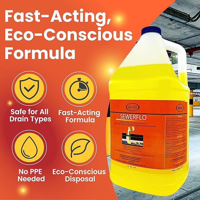 SewerFlo Main Line Sewer Drain Cleaner Heavy Duty, Clears Sand, Silt and Mud from Catch Basins, Breaks Up Clogs & Keeps Particles in Suspension, Safe & Concentrated (1 Galon)