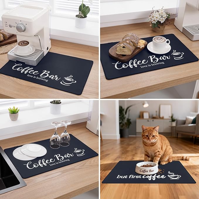 SHACOS Coffee Mat 2-Pack 12x19 Inch Absorbent Non Slip Rubber Bar Accessories Coffee Maker Mat for Countertop Dish Drying Mat Heat Resistant, Black