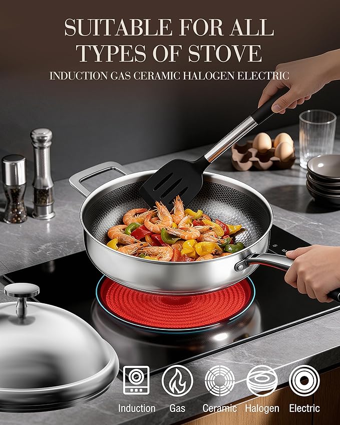 FogDream Titanium Non Stick Frying Pan, 10in Tri-Ply Stainless Steel Deep Saute Pan, All-in-One Cookware Set with Stainless Lid, Stay Cool Handle, Dishwasher & Oven-Safe,Induction Compatible,Silver