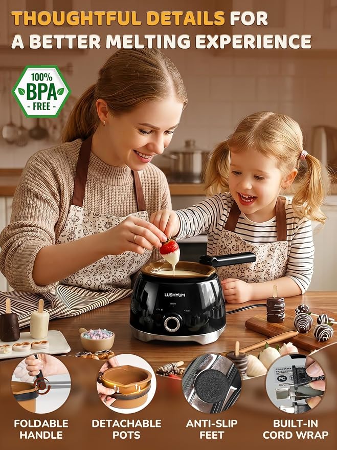 Electric Chocolate Melting Pot with 2 Insert Pots, 4-Cup Chocolate | Even Heating, Fast Melting, BPA-Free Silicone, Easy Clean, Less Waste, Ideal for Chocolate, Candy Melts, Parties, Fondue