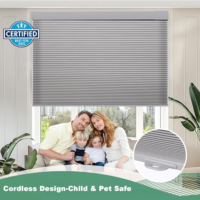 Tonature No Drill Cellular Shades for Indoor Windows, Thermal Insulating & Noise Reducing Honeycomb Blinds, Cordless Free Stop Blinds Light Filtering, Grey,45 1/2" W x 64" H