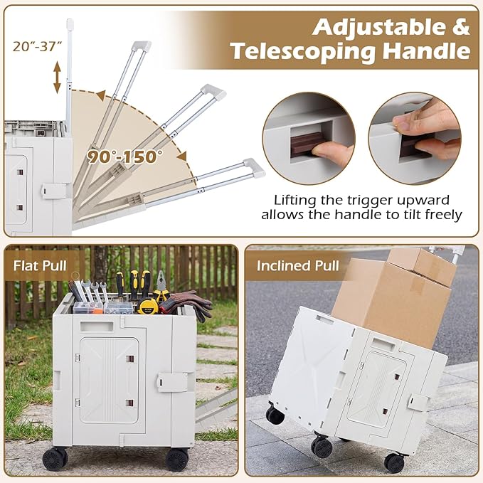 Goplus Foldable Utility Cart, Portable Rolling Crate Handcart with 4 Rotate Wheels, Telescoping Handle, Lid & Cup Holder for Travel, Shopping, Luggage, Grocery, Office & Teacher (White)