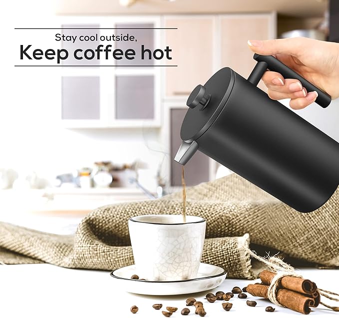 Utopia Kitchen 304 Grade Stainless Steel French Press Coffee Maker 12 Oz, Double Wall Insulated Coffee Press with 4-Level Filtration system, Include 2 Extra Filters, Rust-Free, Black