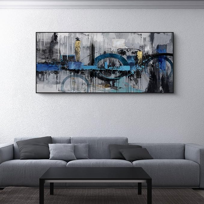 Abstract Wall Art for Living Room Bedroom Above the Sofa Picture Artwork | Extra-Large Size 70x31 Inches Made of Canvas with a Black Frame This Blue-Gray-Gold Piece Offers Minimalist Luxury Wall Decor