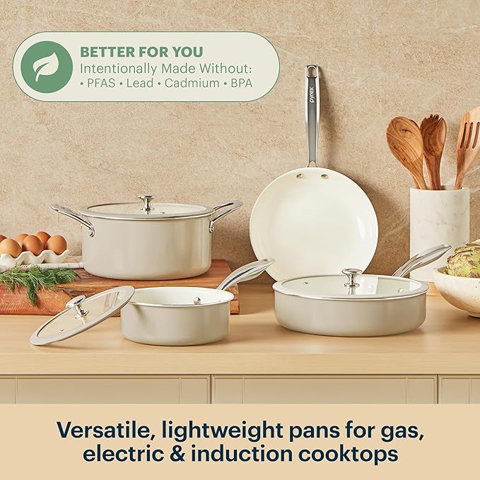 Pyrex 7-Piece Ceramic Cookware Set, Pots and Pans with Lids & Stainless Steel Handles, Healthy Nonstick Ceramic Coating, Induction Compatible Stainless Steel, PFAS Lead Cadmium BPA Free