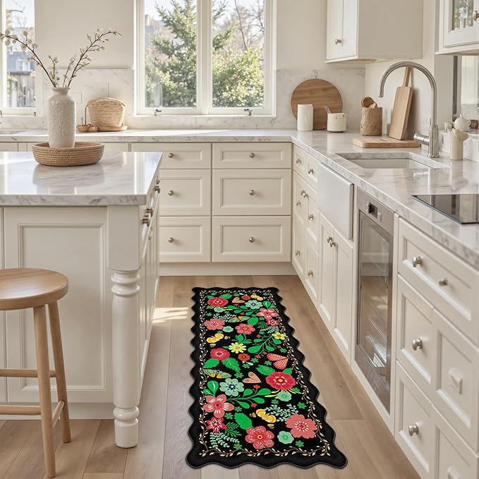 Arenarug Scalloped Black Kitchen Mats for Floor Cushioned Anti Fatigue Kitchen Mats Rugs Waterproof Non Slip Farmhouse Boho Floral Comfort Foam Standing Mat for Sink Laundry, 17.3x47