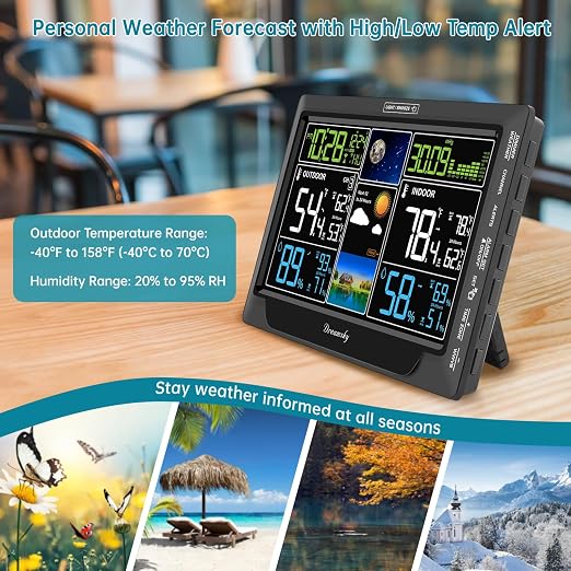 DreamSky Weather Station Indoor Outdoor Thermometer Wireless, Atomic Clock | Digital Large Colorful Display with Brightness Dimmer, Inside Outside Temperature Humidity Monitor for Home (Plug-in)