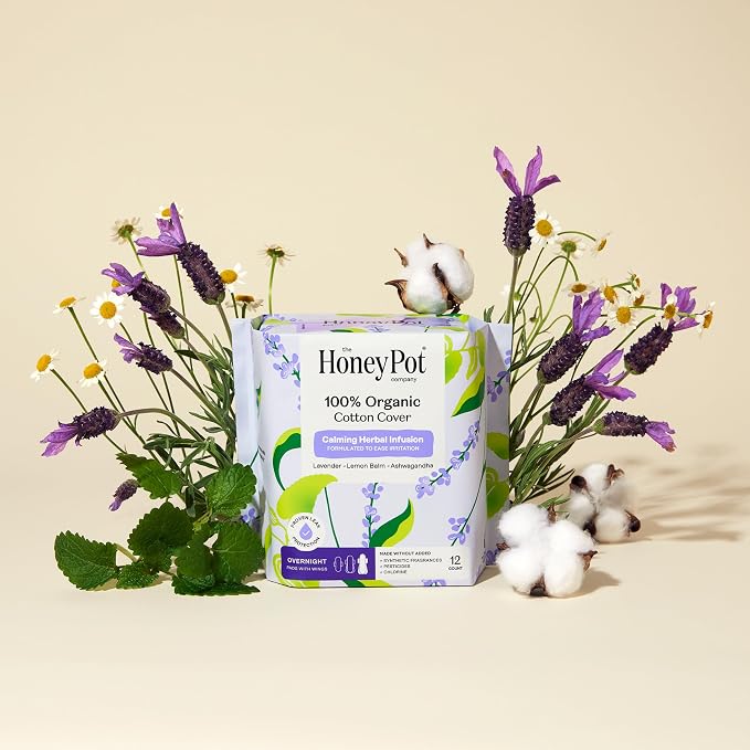 The Honey Pot Company - Calming - Overnight - Pads for Women | 100% Organic Cotton Cover - Calming Herbs of Lavender, Ashwagandha, & Lemon Balm - Pads w/Wings - Feminine Care - 12ct