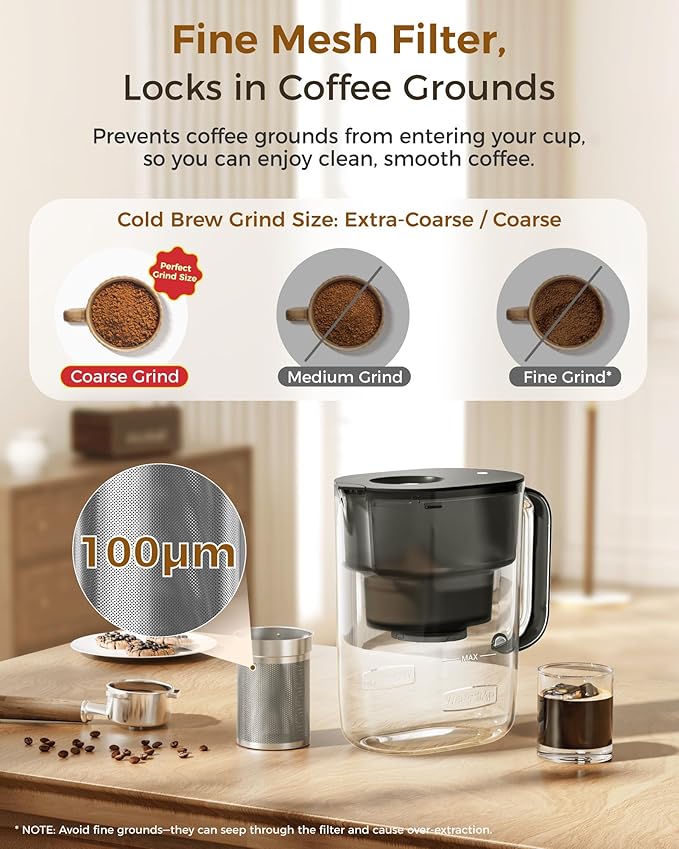 Waterdrop PT-10 Cold Brew Coffee Maker with 1 Magnesium Water Filter for Well-Balanced Acidity, Unlocks Aroma, BPA-Free Cold Brew Pitcher, Stainless Steel Filter for Iced Coffee, Tea, Lemonade, Black