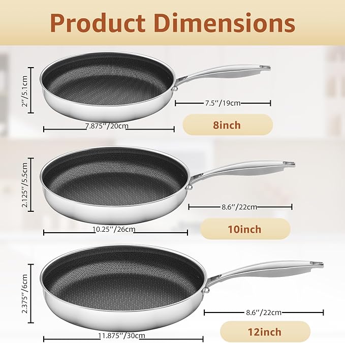 LOLYKITCH Frying Pan Set Nonstick, 8/10/12 Inch Stainless Steel Skillet with Detachable Handle and Glass Lids, Induction & Oven Safe, Professional Non-Toxic PFOA Free Pans for Everyday Cooking