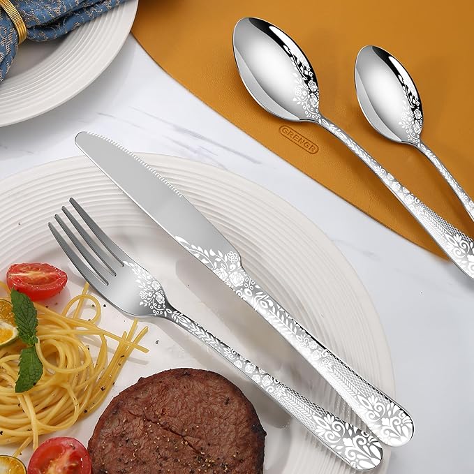 40 Piece Silverware Set, Stainless Steel Flatware Cutlery Set Service for 8, Mirror Polished Tableware Eating Utensils Set for Home Kitchen, Include Knife Fork Spoon Set, Dishwasher Safe
