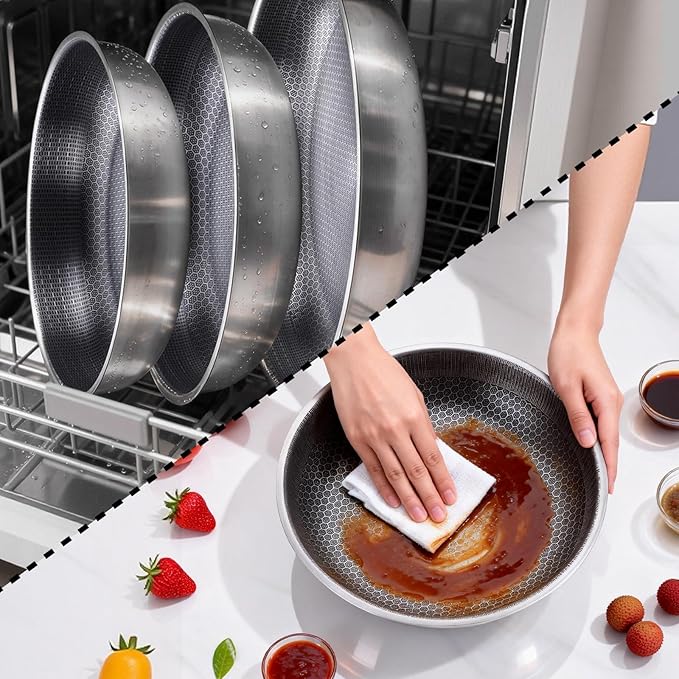 3-Piece Stainless Steel Frying Pan Set, 10”/11”/12.5”Stackable Kitchen Cookware Set with Detachable Handle, Oven Safe Cooking Pan, Suitable for All Stove