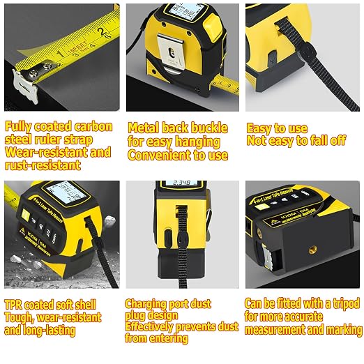 tape measure 4-in-1 laser Digital Measuring Tape & 60m/197ft Laser Distance Meter & with 16ft/5m & Crosshair markings & Dual-axis electronic level,Display On Backlit LCD Screen