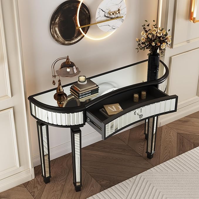 SSLine Mirror Console Table for Living Room 47" Half-Moon Mirrored Entryway Table with Fluted Glass & Crystal Knob Drawer Modern Luxury Black Silver Mirror Foyer Tables for Hallway Entrance