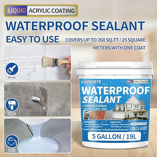 Liquid Waterproof Sealant Clear 5 Gallon, LUVBOATE Transparent Waterproof Coating Water-Based Invisible Repairing Leak Agent Roofs, Walls, Bathroom, Kitchen Indoor & Outdoor