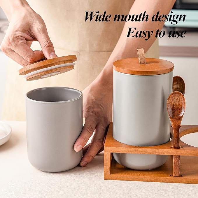 Gray Ceramic Canister Set of 2 with Bamboo Lids, Wooden Stand & Spoons – 35oz & 28oz Airtight Food Storage Jars for Coffee, Sugar, Tea, Kitchen Counter Organizer