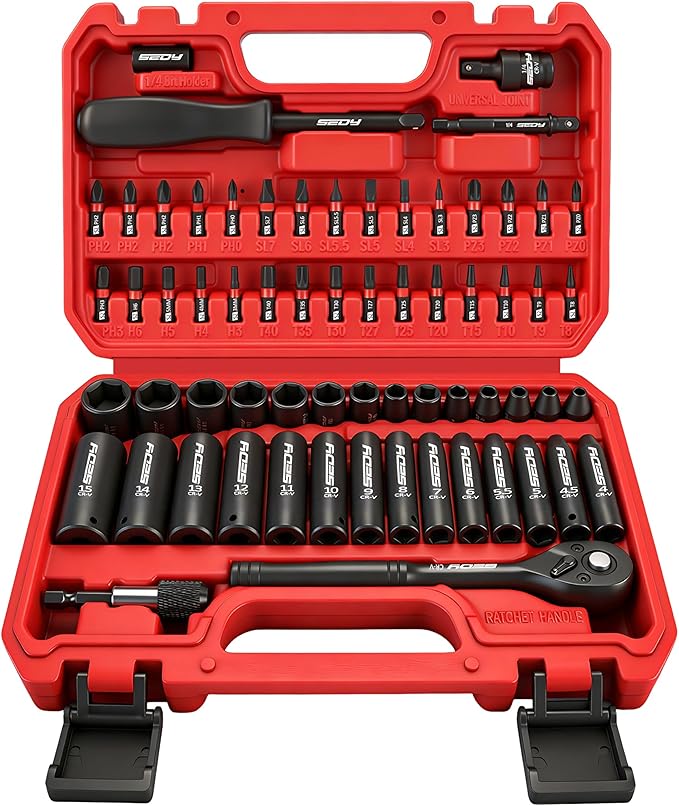 64-Piece 1/4" Drive Impact Socket Wrench Driver-Bits Set, Cr-V Metric&SAE Deep and Shallow Socket Set, S2 Power Bits with Quick-Release Ratchet Handle, Universal Joint, Bit Holder, Power Drill Adapter