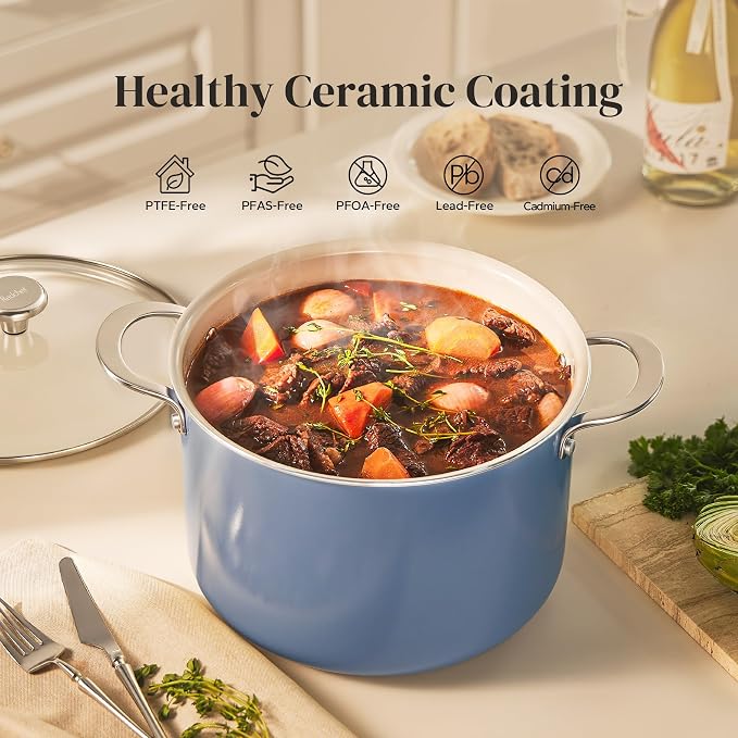 Redchef Nonstick Stock Pot with Lid 8 QT, Ceramic Large Pasta Pot for All Stovetops, Stockpot Cooking Soup Pot for Kitchen, PFOA Free, Sturdy Handles, Even Heating, Oven/Dishwasher Safe, Blue