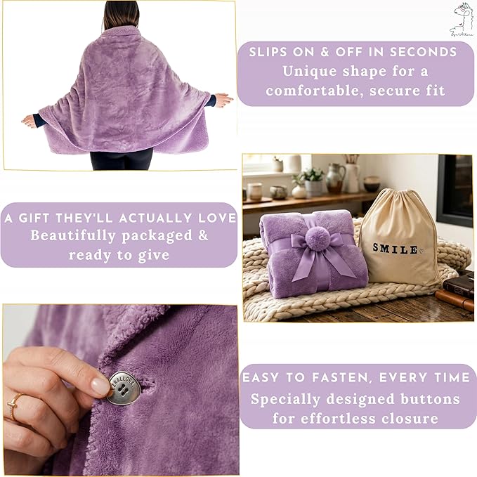 EzrAllora Premium Double Layer Wearable Blanket for Women - Drape and Go No Sleeves- Shawl Wrap with Pockets - Grandma Mom Gifts (Velvet Lavender)