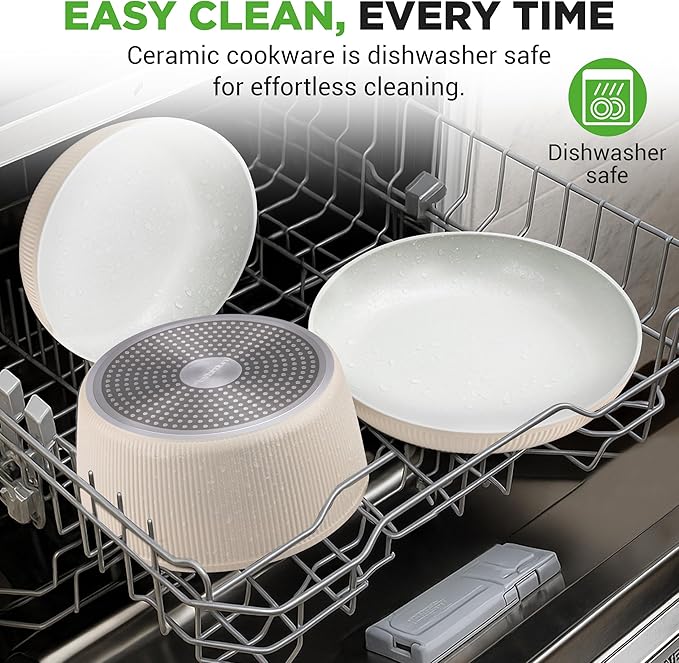 NutriChef 18-Piece Ceramic Cookware Set with Detachable Handles, Space-Saving Nonstick Pots, Pans & Lids, Oven-Safe Bowls, Stackable Storage, Includes Cooking Utensils & Accessories (Cream)