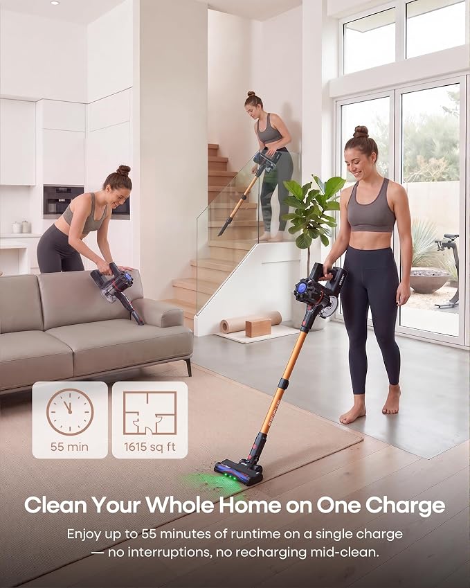 KIPMAX Cordless Vacuum Cleaners for Home, 45KPa 450W Stick Vacuum with Up to 55 Mins Runtime, Lightweight Self-Standing Vacuum for Pet Hair, Hardwood Floors & Carpet, Anti-Tangle Brush, HEPA Filter