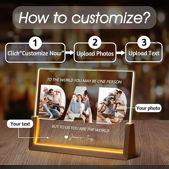 Fathers Day Birthday Personalized Gifts For Dad From Daughter Son Kids Wife, Custom Acrylic Plaque Picture Frame Night Light With Photo Name, Customized Christmas Gifts For Dad Papa Husband Men
