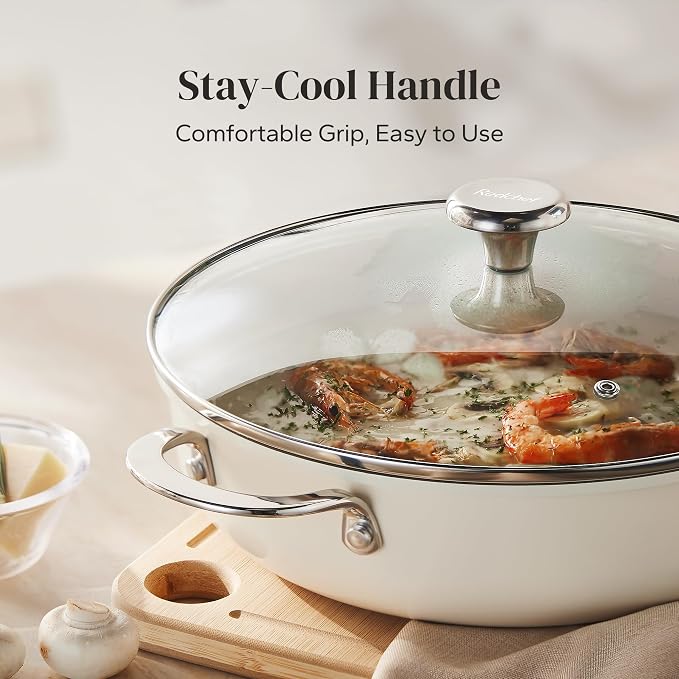 Redchef Ceramic Stock Pot, 4 QT Soup Pot with lid, Induction Cooking Pot Stockpot for All Stoves, Nonstick Pasta Pot for Stews, Even Heating, Stay Cool Handle, Oven/Dishwasher Safe, PFAS Free (Beige)