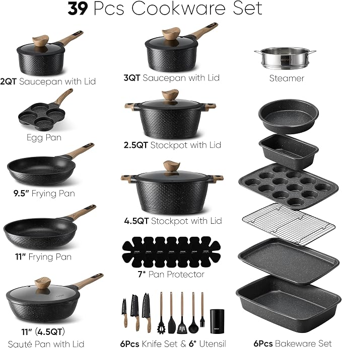 CAROTE 39pcs Nonstick Cookware Sets, Pots and Pans Set with Bakeware | Induction Kitchen Cooking Set, Special Texture Design, Ultra Durable, Easy Food Release, Even Heating, with Knife Set