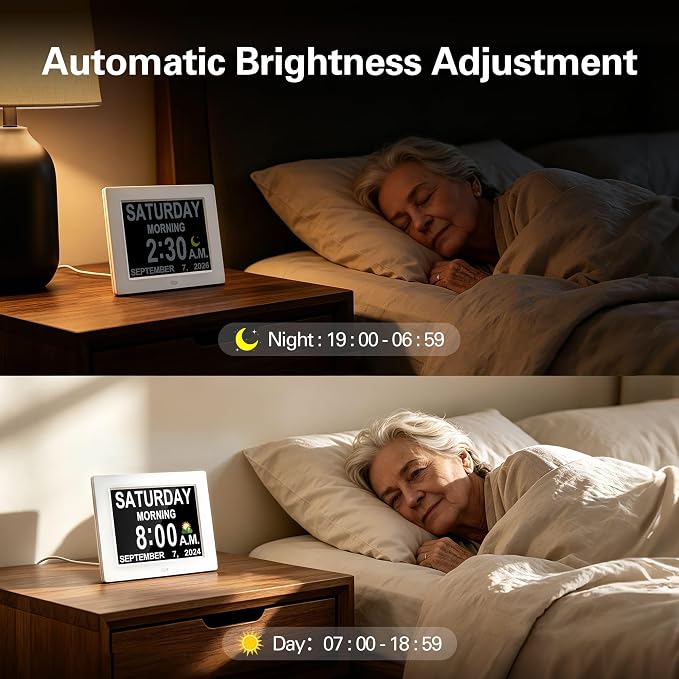 JALL 7" Large Digital Calendar Day Clock for Seniors 2026 - Easy to Read Alzheimer's Dementia Memory Loss Clock for Elderly with IPS Wide Angle，Day & Date, 12 Custom Alarms & Auto-Dimming, Black