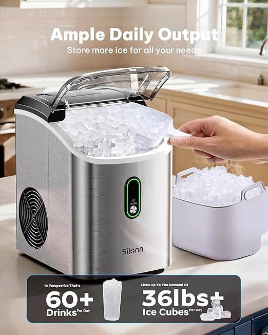 Silonn Nugget Ice Maker Countertop, Pellet Ice Machine with Self-Cleaning Function, Sonic Ice Maker Produces 36lbs of Chewable Ice in 24 Hours, Ideal for Home Kitchen and Office (Stainless Steel)