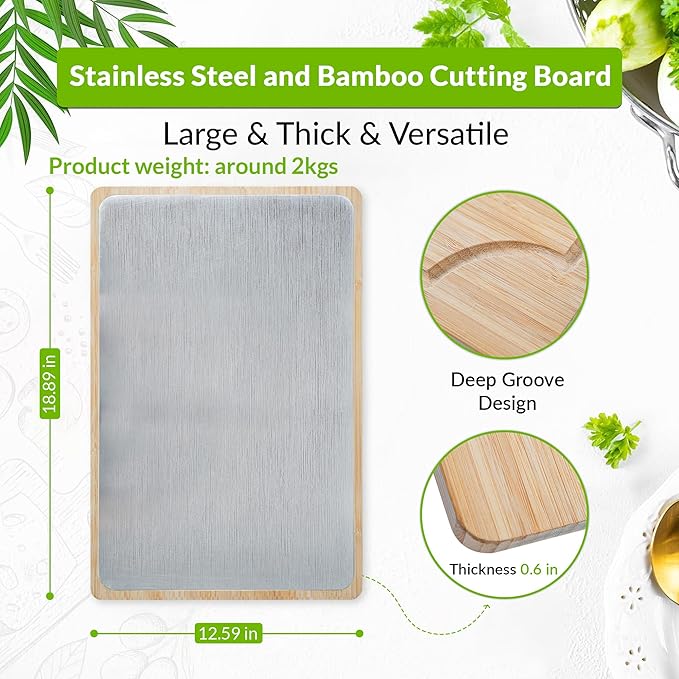 GR Kraft Stainless Steel & Bamboo Double-Sided cutting boards non toxic, Durable, Knife-Friendly Design, Microplastic-free, large cutting board Chopping Meat, Fish, Chicken, Bread, Fruits & More
