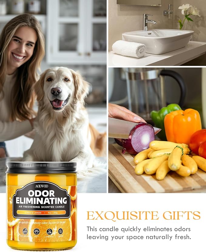 AOOVOO 2 Pack Citrus Lemon Odor Eliminating Highly Fragranced Candle Set - Eliminates 95% of Pet, Smoke, Food, and Other Smells Quickly, Non Toxic Air Freshing Soy Candle