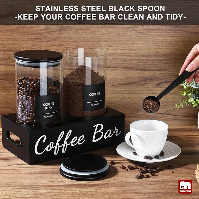 gmisun Coffee Container, 2 Pcs 50 Fl oz Airtight Bean Storage Canister, Black Glass Ground Coffee and Sugar Jar Set with Scoop/Shelf/Labels, Sugar/Tea Holder Containers for Cafe Bar Countertop