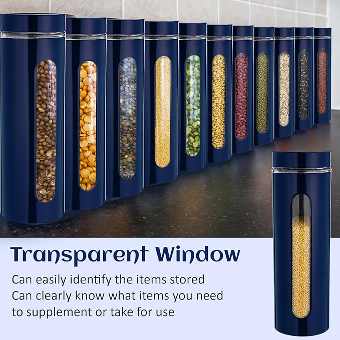 Mimorou 6 Pack Kitchen Canisters Set Airtight Coffee Sugar Tea Storage Jars with Window Glass Stainless Steel Containers with Lids for Flour Cookies Spices Grains Kitchen Decorations(Navy Blue,60 oz)
