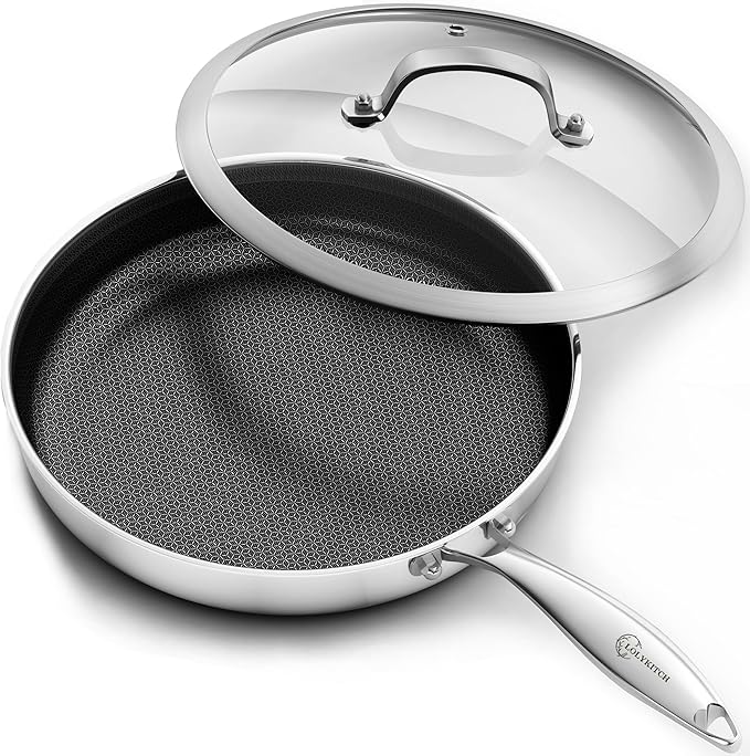 LOLYKITCH 12 Inch Nonstick Frying Pan with Lid, Stainless Steel Hybrid Skillet for Indution, Detachable Handle, Dishwasher and Oven Safe, PFOA Free Pans for Everyday Cooking