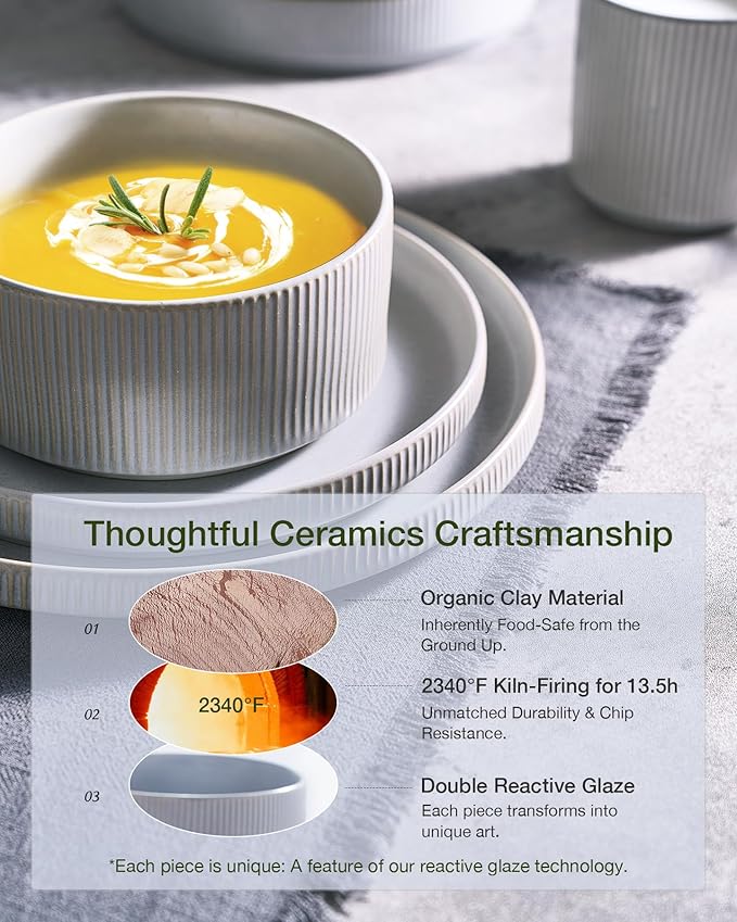 Famiware Star 18-Piece Reactive Glaze Plates and Bowls Sets, Service for 6 - Stoneware Dinnerware with Trim, Modern Rustic Dishes, Chip & Scratch Resistant, Microwave & Dishwasher Safe, Matte Gray