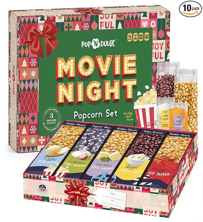 Movie Night Christmas Gifts - Holiday Popcorn Gift Baskets Gift Sets - 5 Non-GMO Gourmet Kernels and 5 Popcorn Flavoring - Perfect Family Gifts ideas for Adults, Couples, Parties, Holidays, or Movie Lovers - 10 Pack