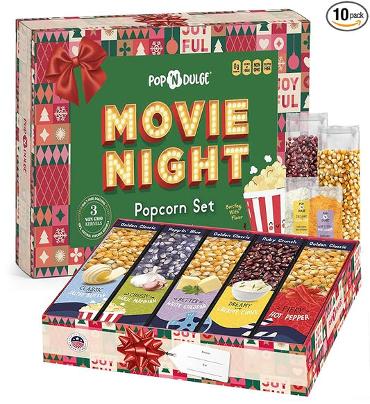 Movie Night Christmas Gifts - Holiday Popcorn Gift Baskets Gift Sets - 5 Non-GMO Gourmet Kernels and 5 Popcorn Flavoring - Perfect Family Gifts ideas for Adults, Couples, Parties, Holidays, or Movie Lovers - 10 Pack
