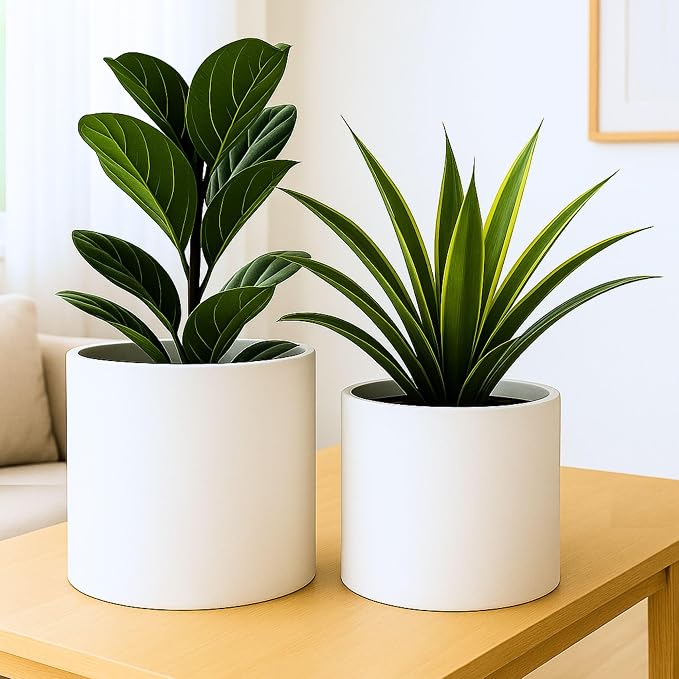 Fox & Fern Large Indoor Planter, Modern Large Plant Pot for Indoor or Outdoor, UV and Frost Resistant - Set of 2: 12 and 14.6 Inch, White Flower Pot with Drainage Plug, Lightweight