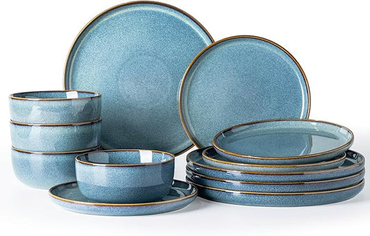 GBHOME Ceramic Dinnerware Sets for 4, 12 Pieces Stoneware Plates and Bowls Sets, Reactive Glaze Dishes -Scratch Resistant, Dishwasher&Microwave Safe, Space Blue