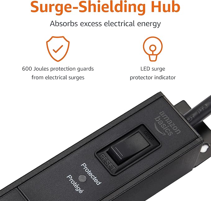 Amazon Basics Surge Protector Power Strip, 9-Outlet, Heavy Duty, Metal, 600 Joules, 6ft Extension Cord, Mountable, Wide Spaced, Black