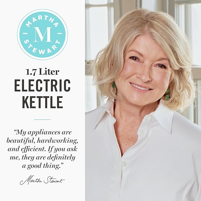 Martha Stewart Electric Kettle with Removable Stainless Steel Tea Infuser,  Glass Carafe 1.7L (7 Cups), Hot Water Boiler, 4 Presets, Keep Warm & Auto Shut-Off, Cordless 360° Swivel Base, Sky Blue