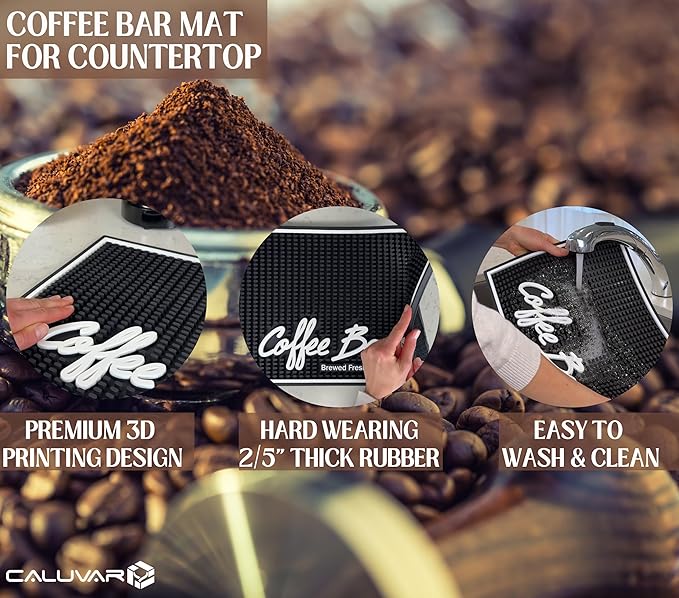 Brewed Fresh Daily Silicone Coffee Bar Mat 18x12 in, Self Serve Coffee Station Sign Mat, Hostess Gift, Farmhouse Kitchen Decor, Non-Slip Espresso Machine Mat, Barista Accessories