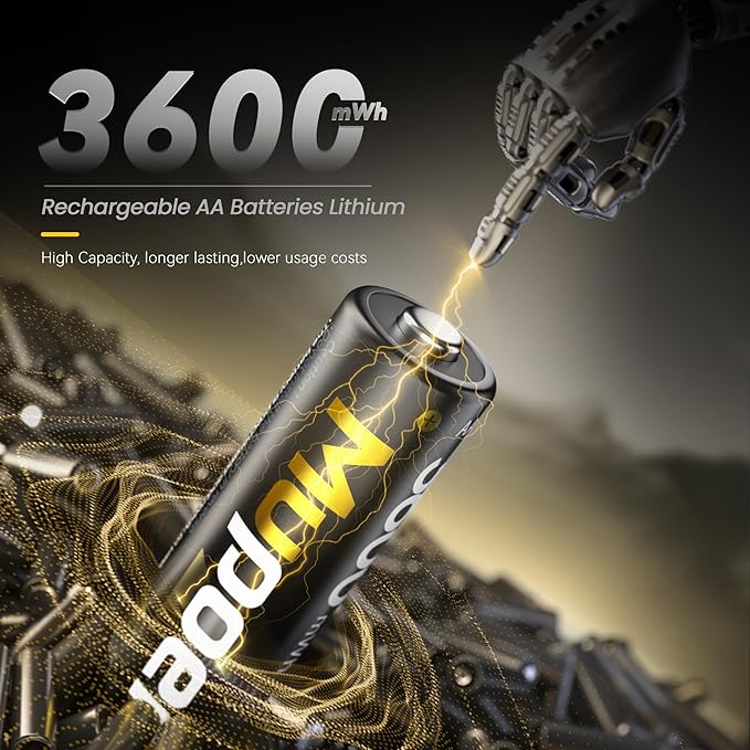 Mupoer Rechargeable AA Lithium Batteries with Charger,16 Count 3600 mWh 1.5V Double A Batteries High Capacity,Long Lasting Rechargeable AA Li-ion Battery with Integrated Charging Storage Box - Gold