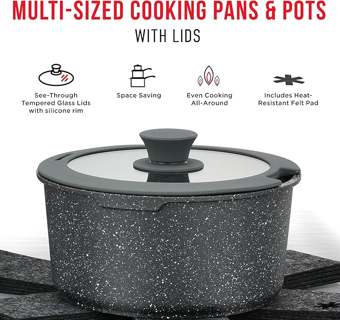 Pots & Pans Set Non Stick Ceramic-Granite – 15-Piece Cookware with Detachable Handles, Stackable Space-Saving, Dishwasher Safe, Oven & All-Stove Safe, Tempered Glass Lids, Black Granite