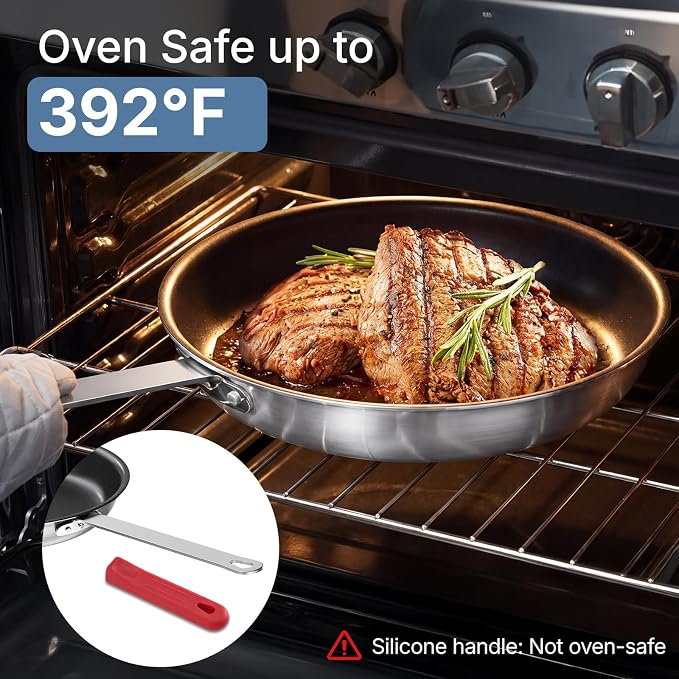 DUMOS 14 Inch Nonstick Frying Pan, Heavy-Gauge Aluminum Skillet with Ceramic Nonstick Coating, Stainless Steel Base & Handle, Omelet Pan for Induction, Electric, Gas, PFAS Free, Oven Safe, Red Handle